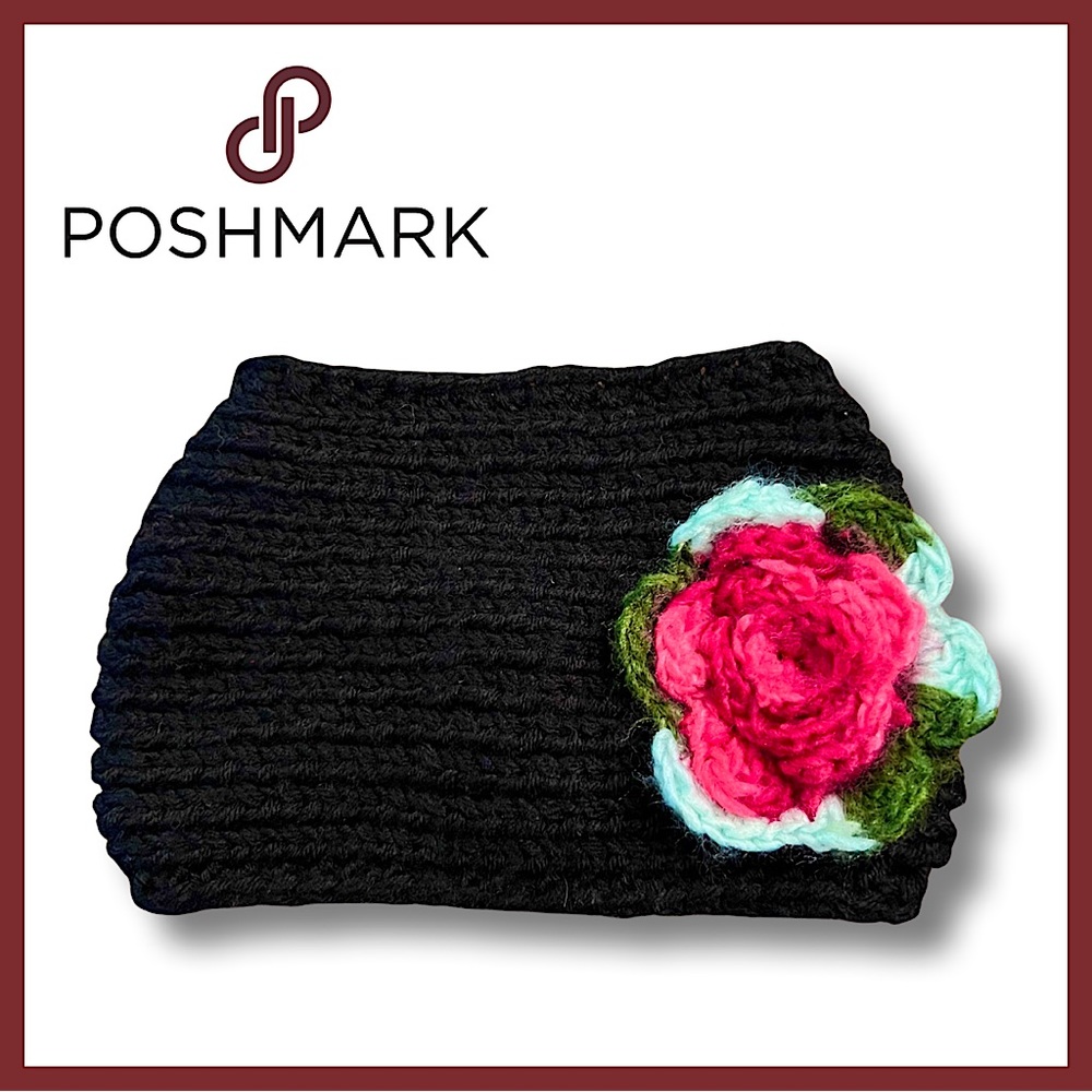 Handmade Chunky Button Closure Winter Headband Headwrap with Crochet Flower
